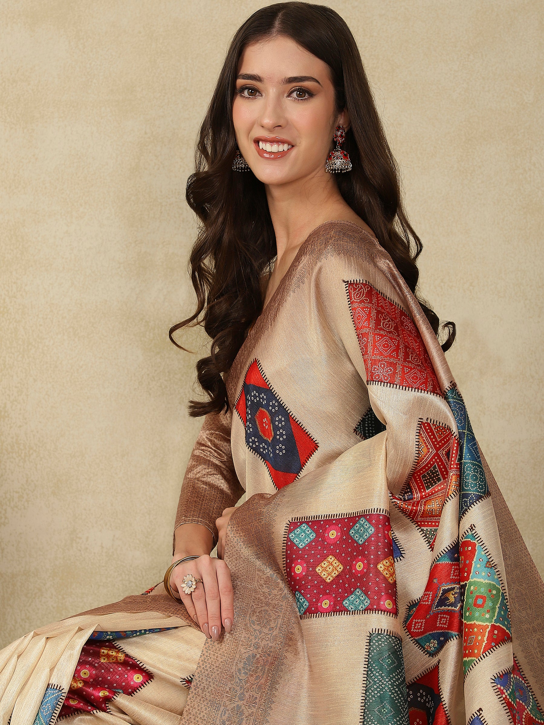 RANG TARANG-Elegant Beige Banarasi Silk Saree with Multicolor Patchwork Design & Rich Woven Border