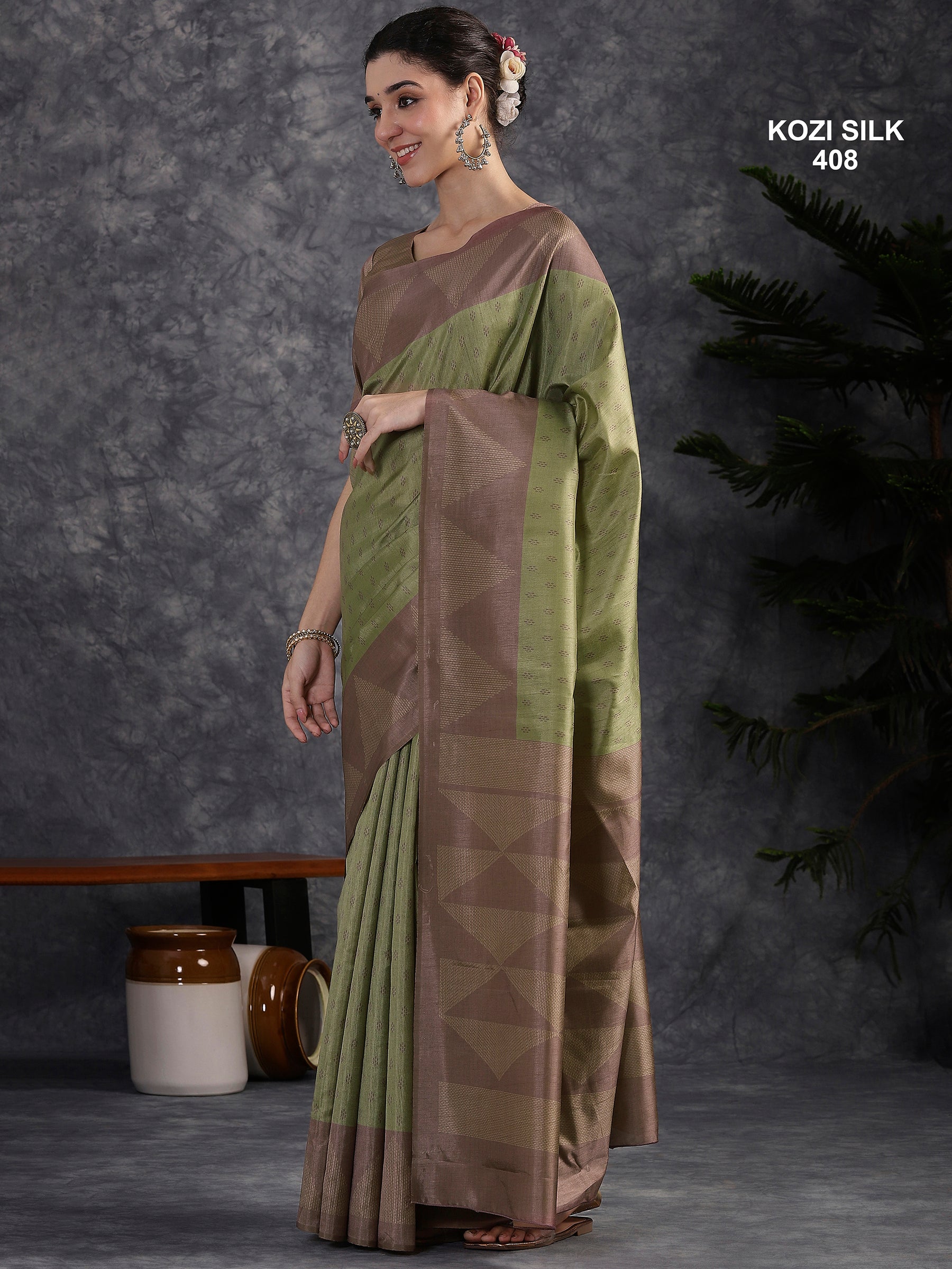 KOZI SILK-Elegant Pistachio Green Kozi Silk Saree with Mauve Geometric Zari Border & Rich Woven Pallu