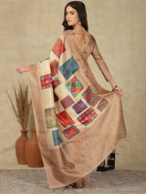 RANG TARANG-Elegant Beige Banarasi Silk Saree with Multicolor Patchwork Design & Rich Woven Border