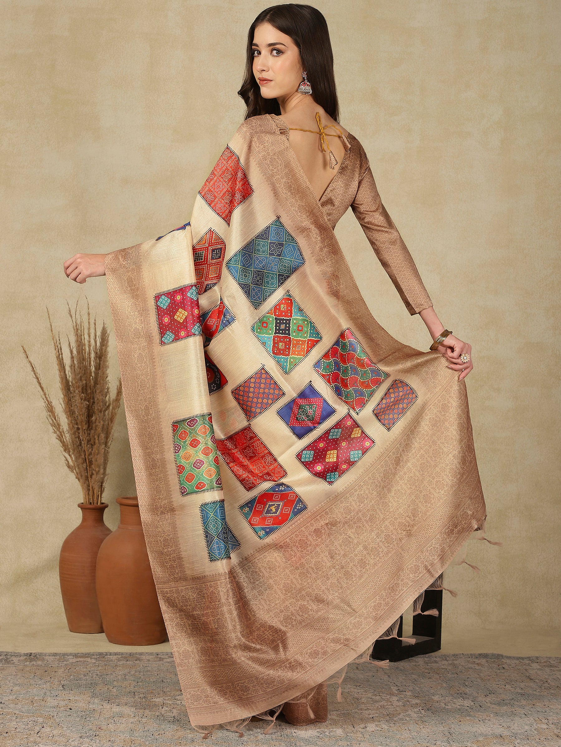 RANG TARANG-Elegant Beige Banarasi Silk Saree with Multicolor Patchwork Design & Rich Woven Border