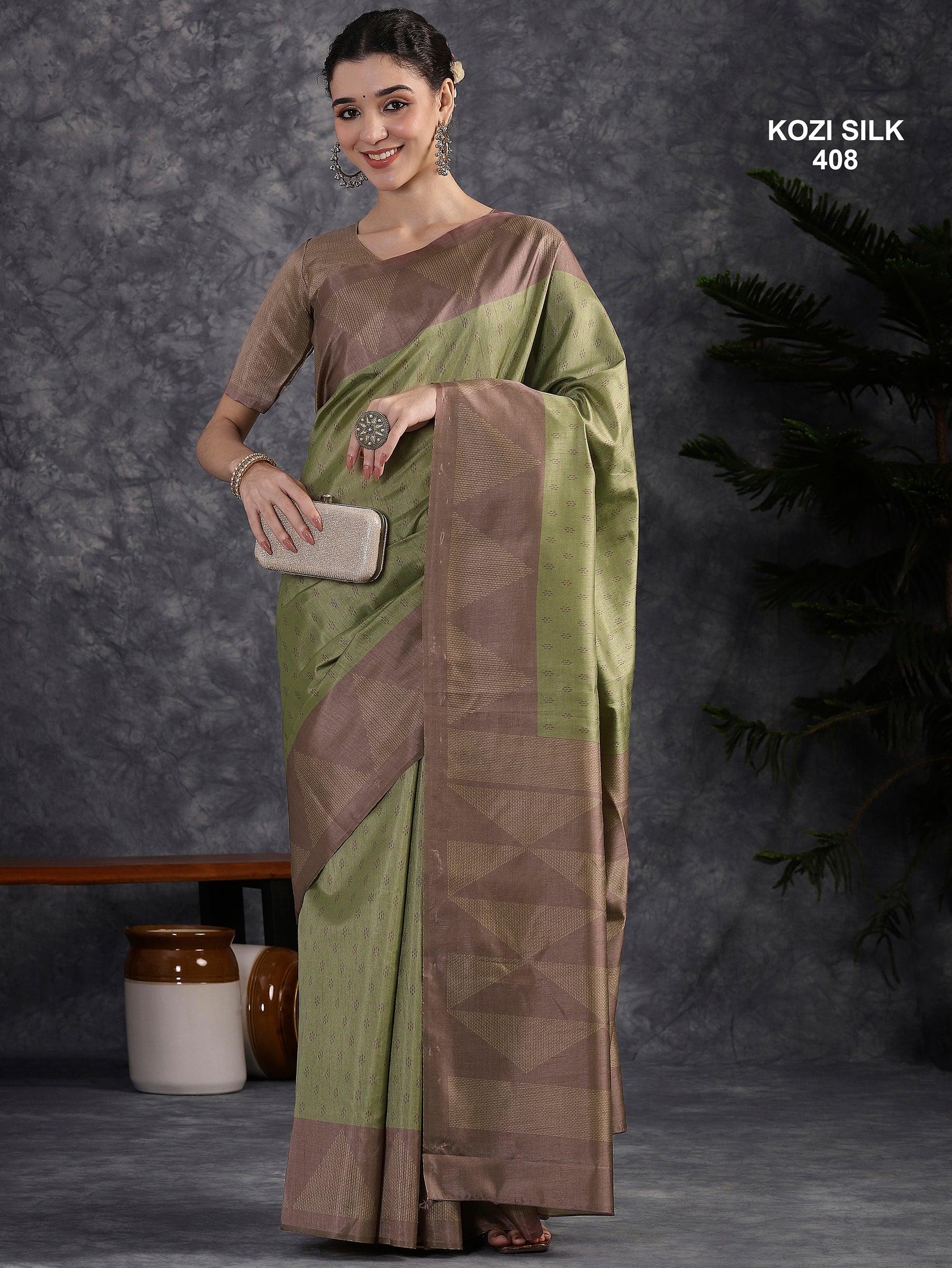 KOZI SILK-Elegant Pistachio Green Kozi Silk Saree with Mauve Geometric Zari Border & Rich Woven Pallu
