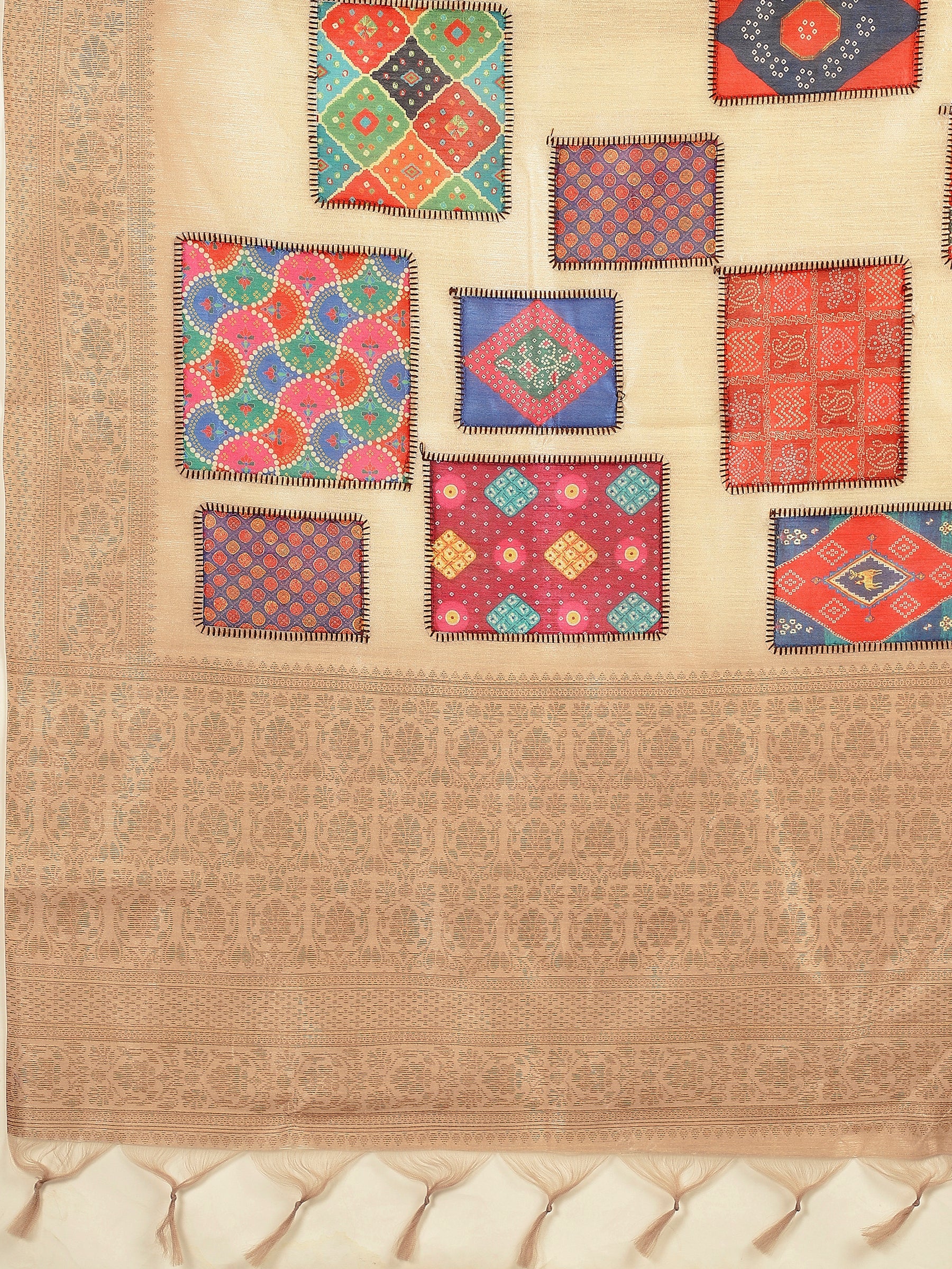 RANG TARANG-Elegant Beige Banarasi Silk Saree with Multicolor Patchwork Design & Rich Woven Border