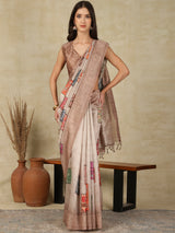 RANG TARANG-Elegant Ivory Beige Saree with Pastel Patchwork Prints & Ornate Woven Border