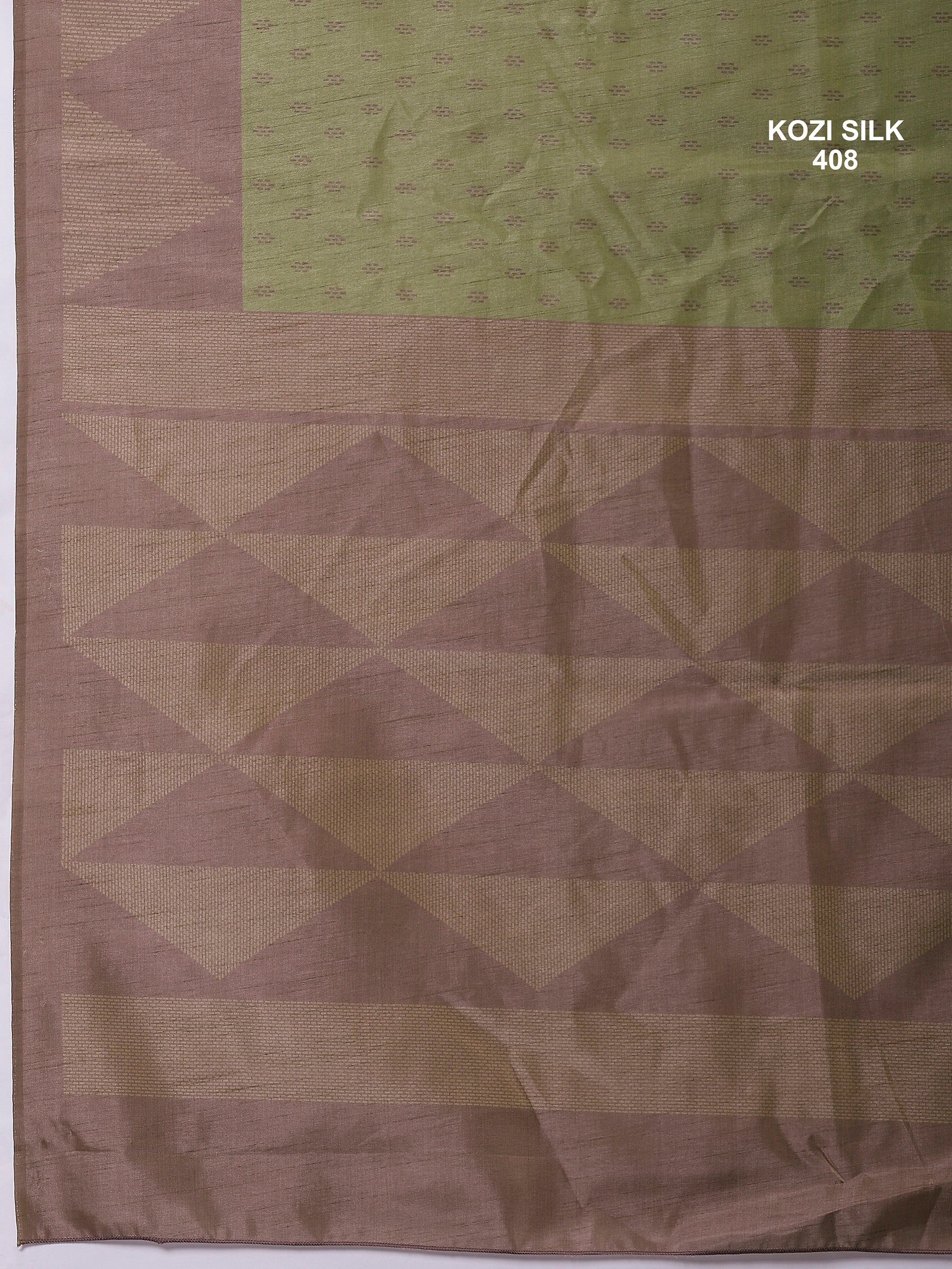 KOZI SILK-Elegant Pistachio Green Kozi Silk Saree with Mauve Geometric Zari Border & Rich Woven Pallu
