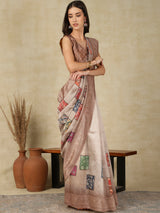RANG TARANG-Elegant Ivory Beige Saree with Pastel Patchwork Prints & Ornate Woven Border