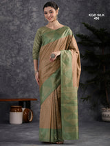 KOZI SILK-Elegant Beige Kozi Silk Saree with Sage Green Geometric Zari Border & Rich Designer Pallu