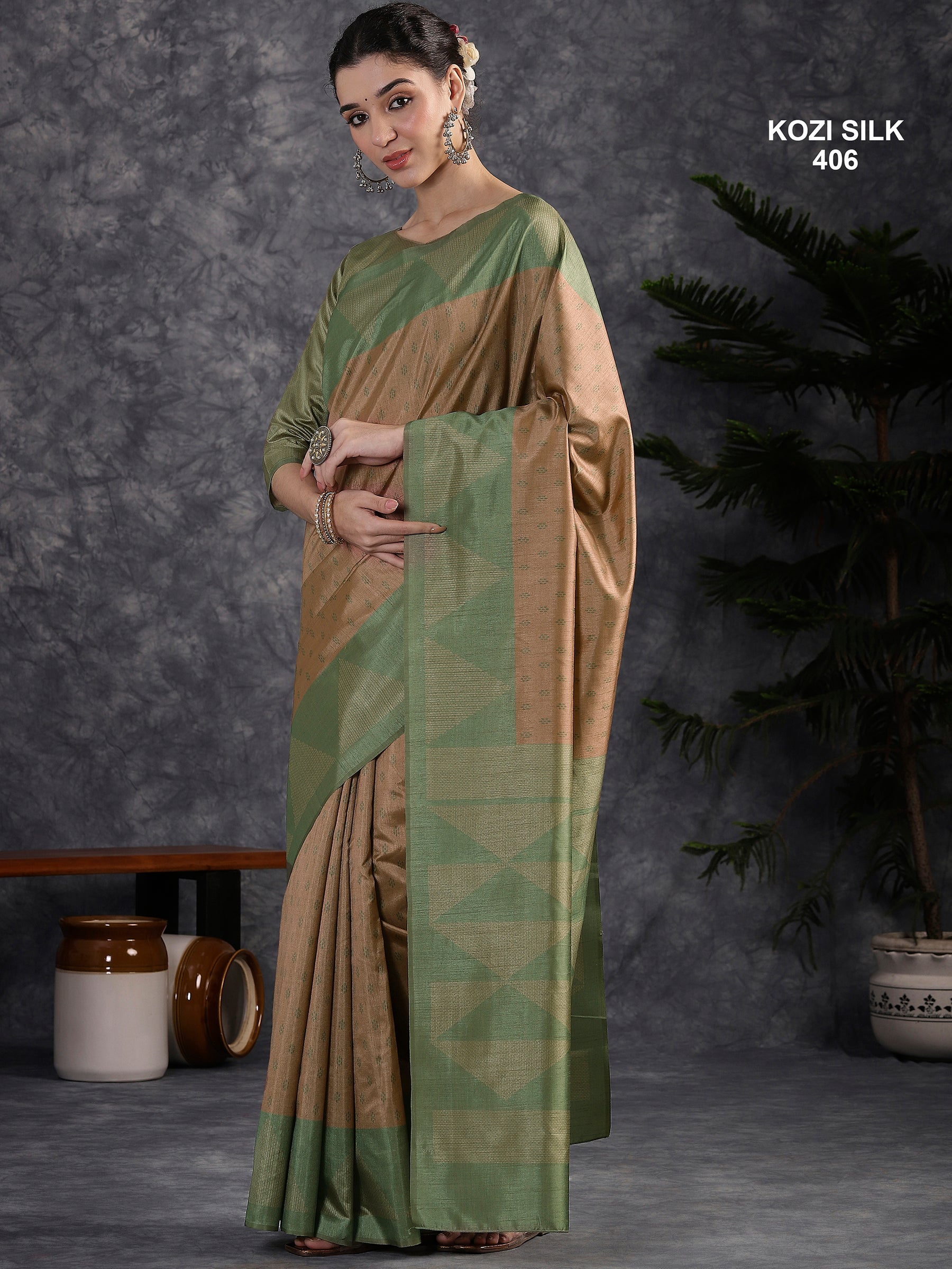 KOZI SILK-Elegant Beige Kozi Silk Saree with Sage Green Geometric Zari Border & Rich Designer Pallu