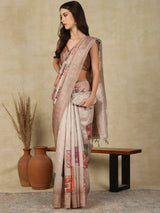 RANG TARANG-Elegant Ivory Beige Saree with Pastel Patchwork Prints & Ornate Woven Border