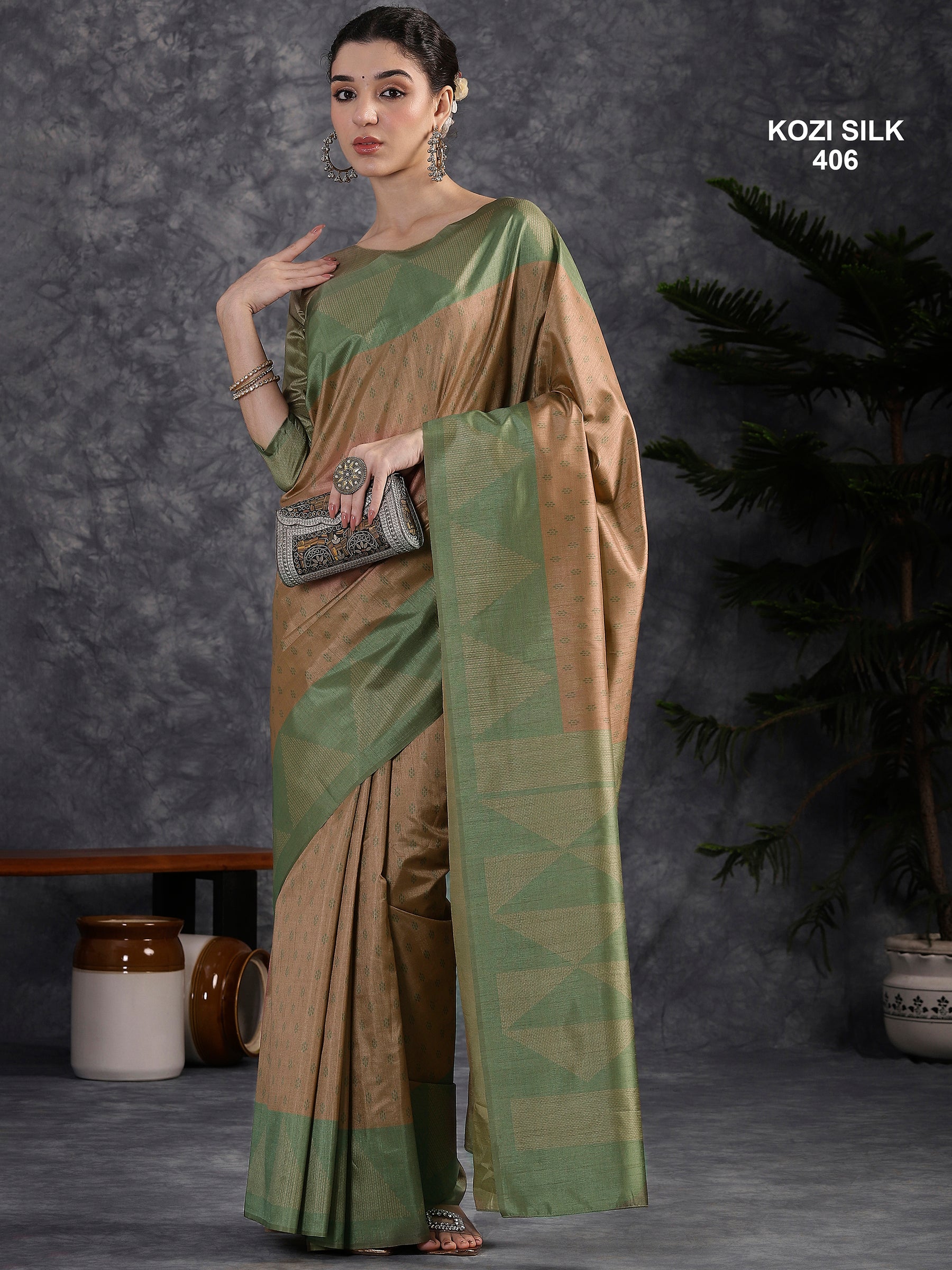 KOZI SILK-Elegant Beige Kozi Silk Saree with Sage Green Geometric Zari Border & Rich Designer Pallu