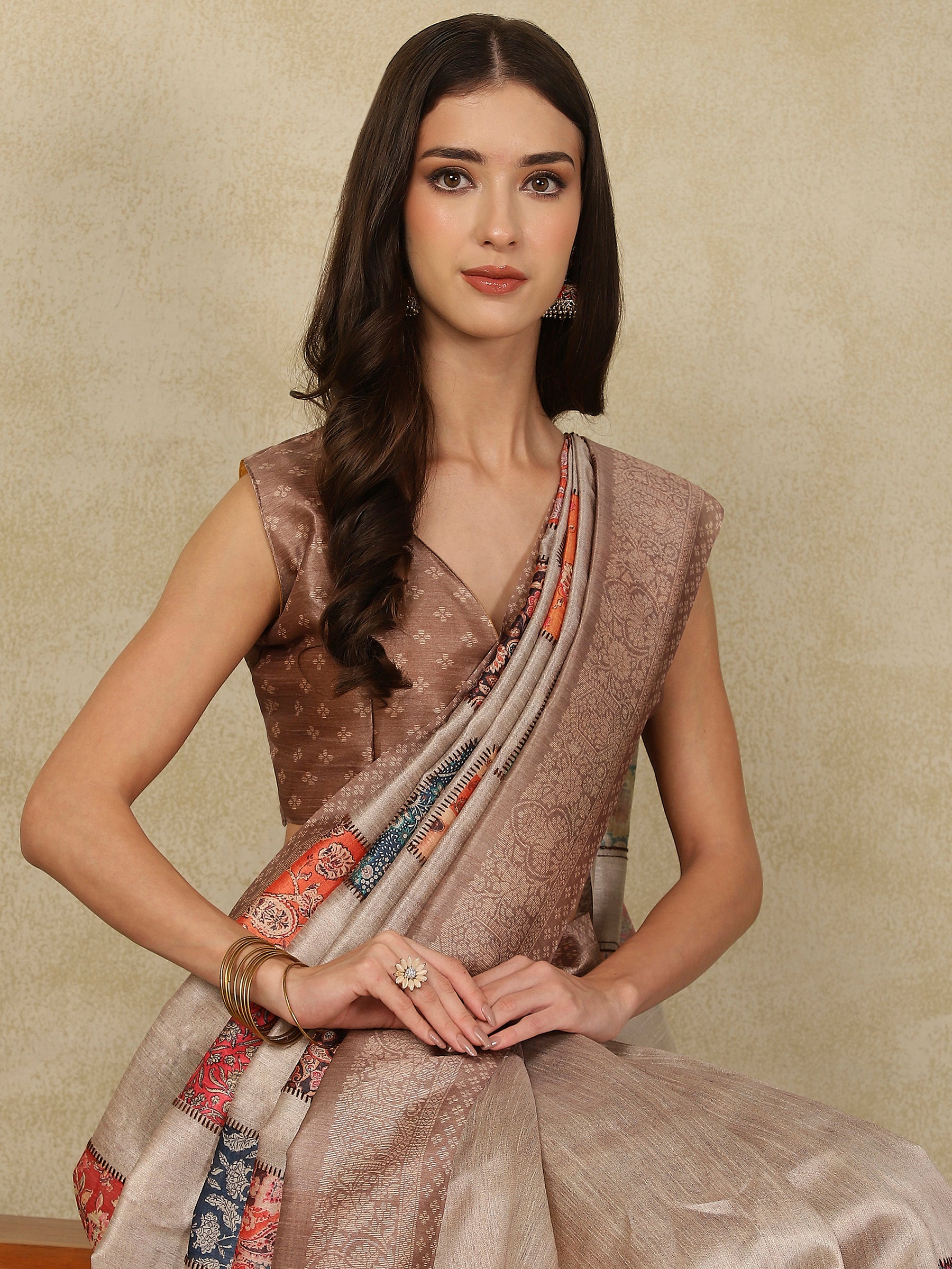 RANG TARANG-Elegant Ivory Beige Saree with Pastel Patchwork Prints & Ornate Woven Border