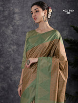 KOZI SILK-Elegant Beige Kozi Silk Saree with Sage Green Geometric Zari Border & Rich Designer Pallu