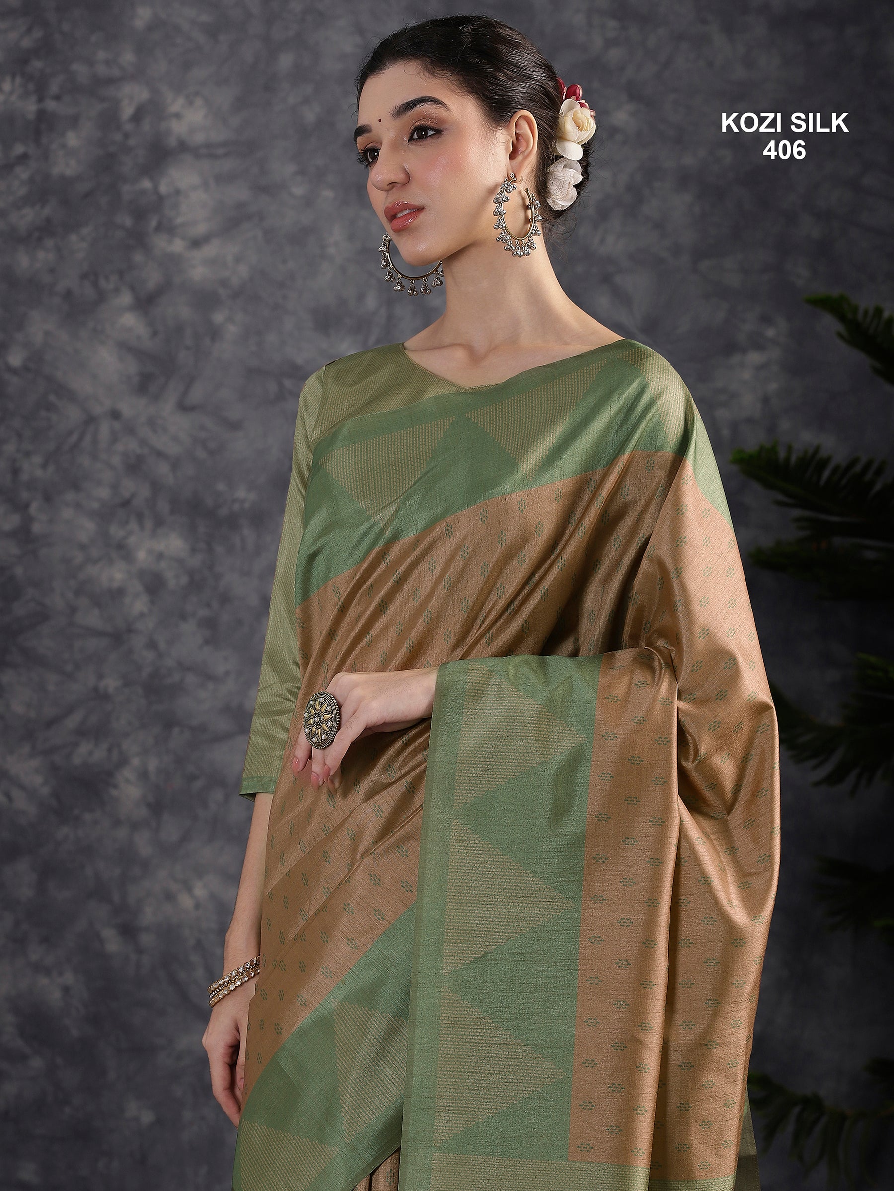 KOZI SILK-Elegant Beige Kozi Silk Saree with Sage Green Geometric Zari Border & Rich Designer Pallu