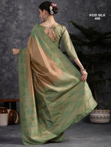 KOZI SILK-Elegant Beige Kozi Silk Saree with Sage Green Geometric Zari Border & Rich Designer Pallu