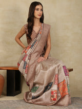 RANG TARANG-Elegant Ivory Beige Saree with Pastel Patchwork Prints & Ornate Woven Border
