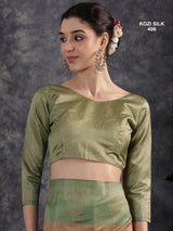 KOZI SILK-Elegant Beige Kozi Silk Saree with Sage Green Geometric Zari Border & Rich Designer Pallu