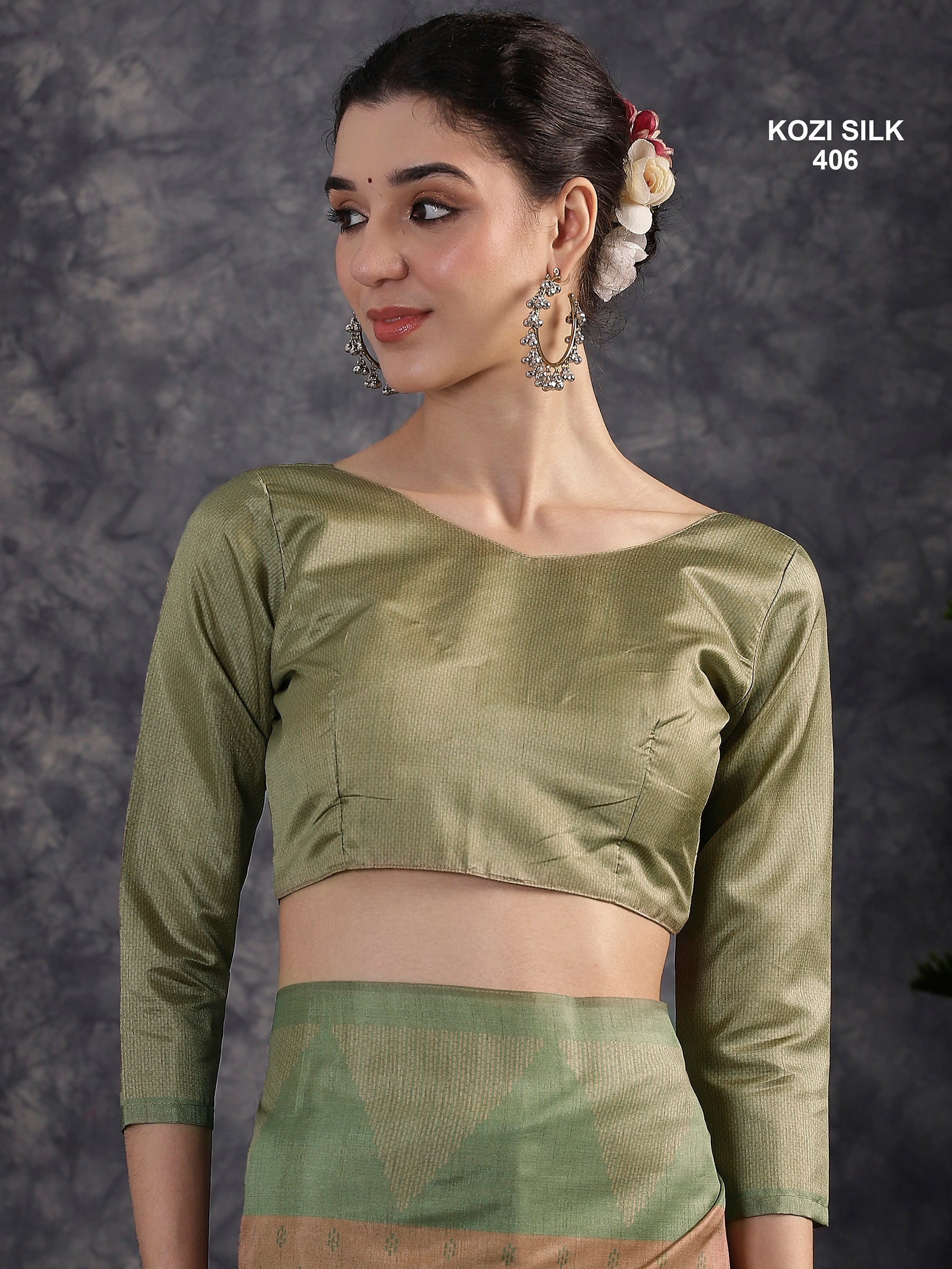 KOZI SILK-Elegant Beige Kozi Silk Saree with Sage Green Geometric Zari Border & Rich Designer Pallu