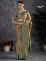 KOZI SILK-Elegant Beige & Sage Green Kozi Silk Saree with Geometric Zari Border and Rich Designer Pallu