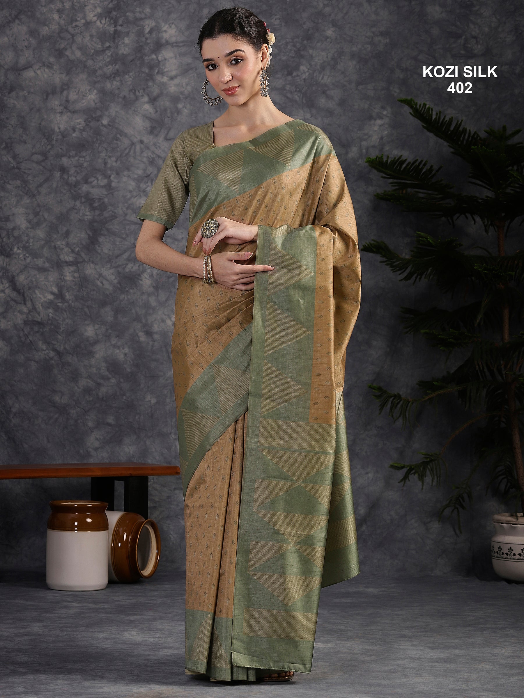 KOZI SILK-Elegant Beige & Sage Green Kozi Silk Saree with Geometric Zari Border and Rich Designer Pallu