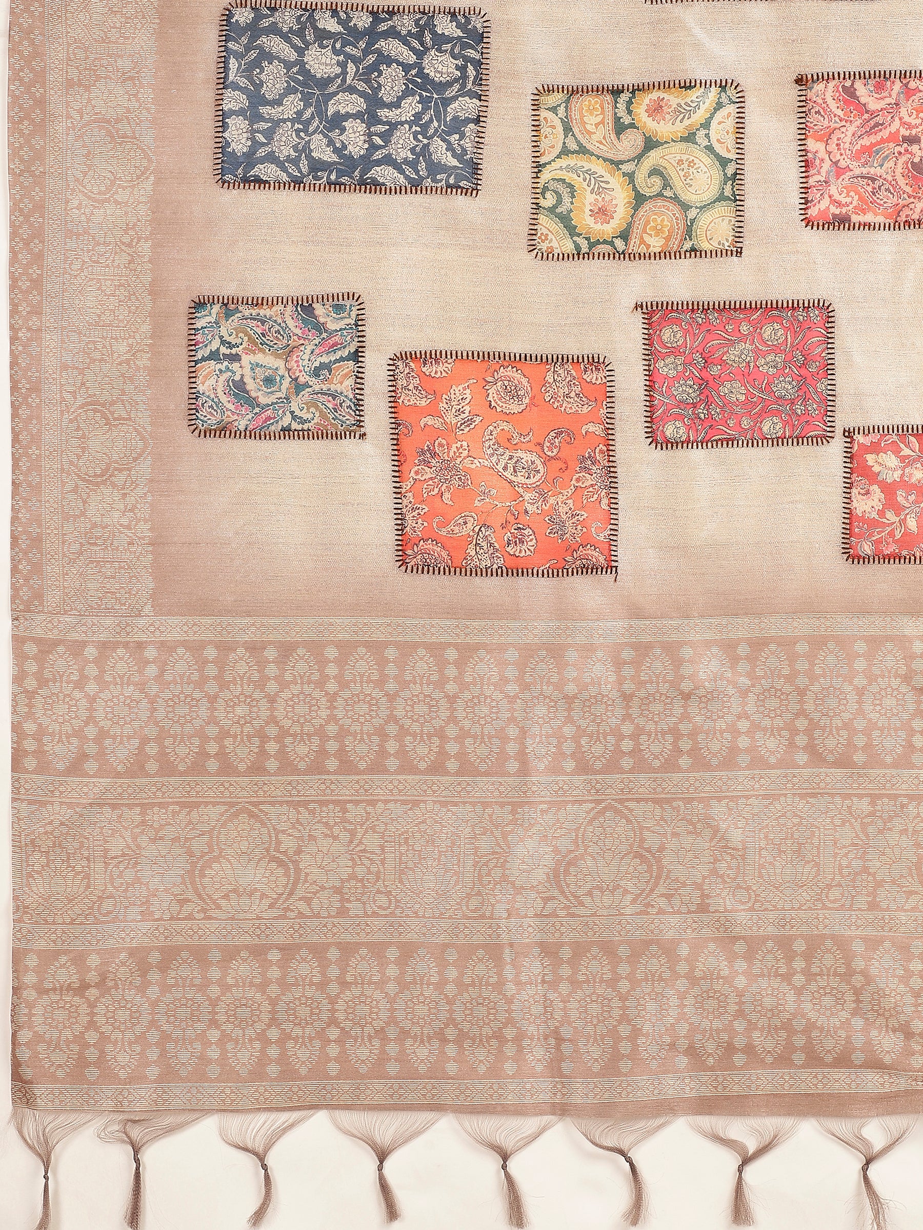 RANG TARANG-Elegant Ivory Beige Saree with Pastel Patchwork Prints & Ornate Woven Border