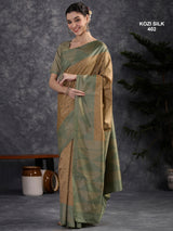KOZI SILK-Elegant Beige & Sage Green Kozi Silk Saree with Geometric Zari Border and Rich Designer Pallu