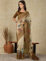 RANG TARANG-Elegant beige-gold saree with artistic patchwork-inspired printed motifs
