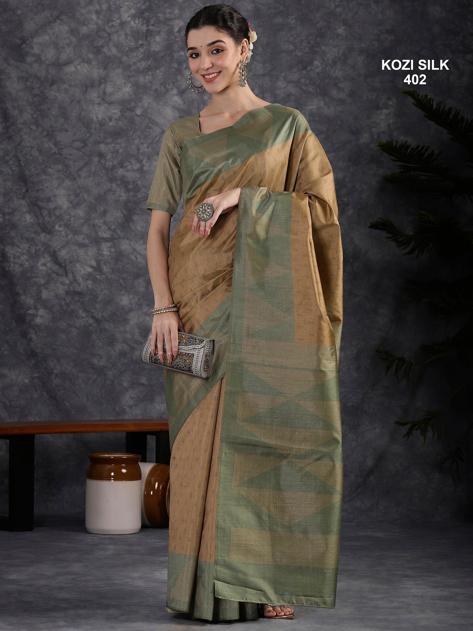 KOZI SILK-Elegant Beige & Sage Green Kozi Silk Saree with Geometric Zari Border and Rich Designer Pallu