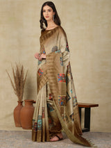 RANG TARANG-Elegant beige-gold saree with artistic patchwork-inspired printed motifs
