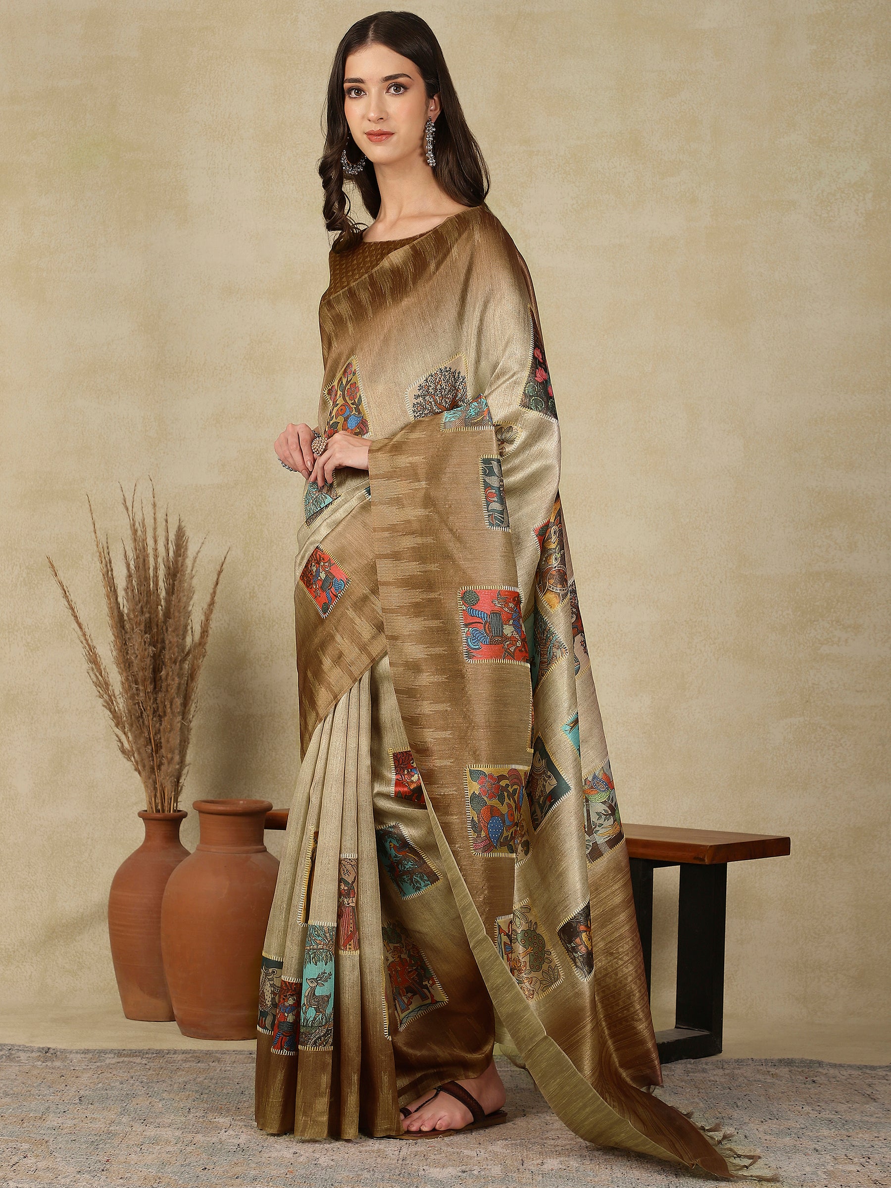 RANG TARANG-Elegant beige-gold saree with artistic patchwork-inspired printed motifs