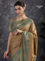 KOZI SILK-Elegant Beige & Sage Green Kozi Silk Saree with Geometric Zari Border and Rich Designer Pallu