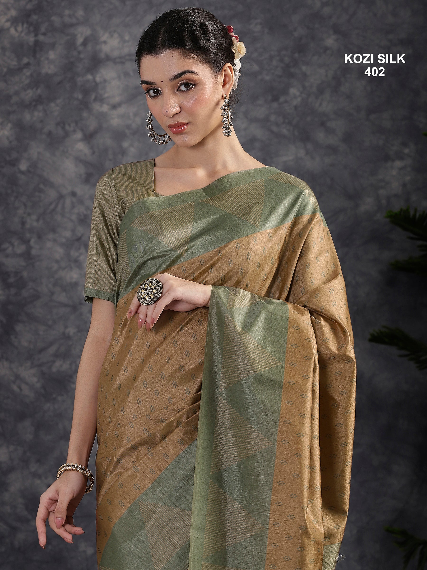 KOZI SILK-Elegant Beige & Sage Green Kozi Silk Saree with Geometric Zari Border and Rich Designer Pallu
