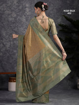 KOZI SILK-Elegant Beige & Sage Green Kozi Silk Saree with Geometric Zari Border and Rich Designer Pallu