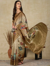 RANG TARANG-Elegant beige-gold saree with artistic patchwork-inspired printed motifs