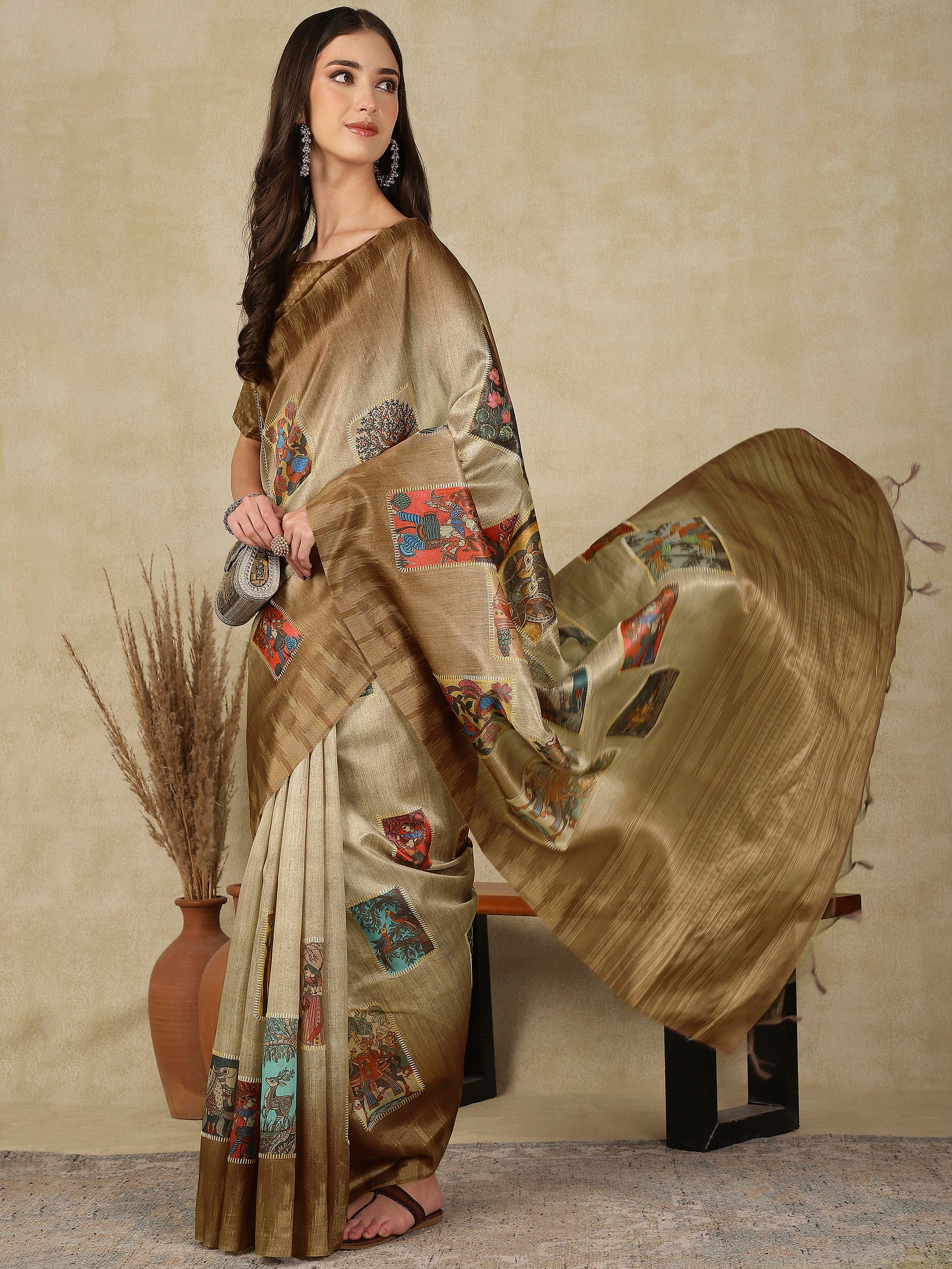 RANG TARANG-Elegant beige-gold saree with artistic patchwork-inspired printed motifs