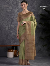 KOZI SILK-Elegant Sage Green Kozi Silk Saree with Copper Zari Geometric Border & Rich Woven Pallu
