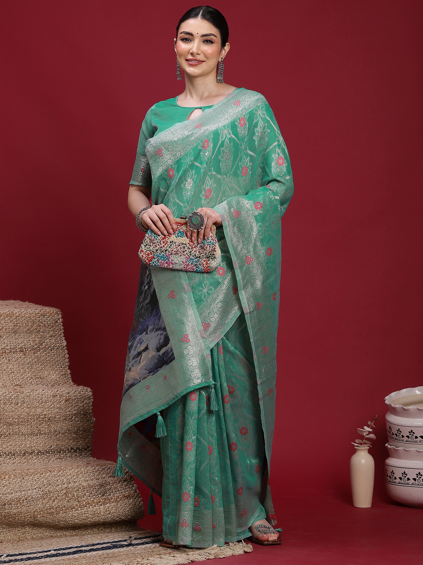 VANAYA Mint Blossom Silver Weave Saree