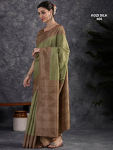 KOZI SILK-Elegant Sage Green Kozi Silk Saree with Copper Zari Geometric Border & Rich Woven Pallu