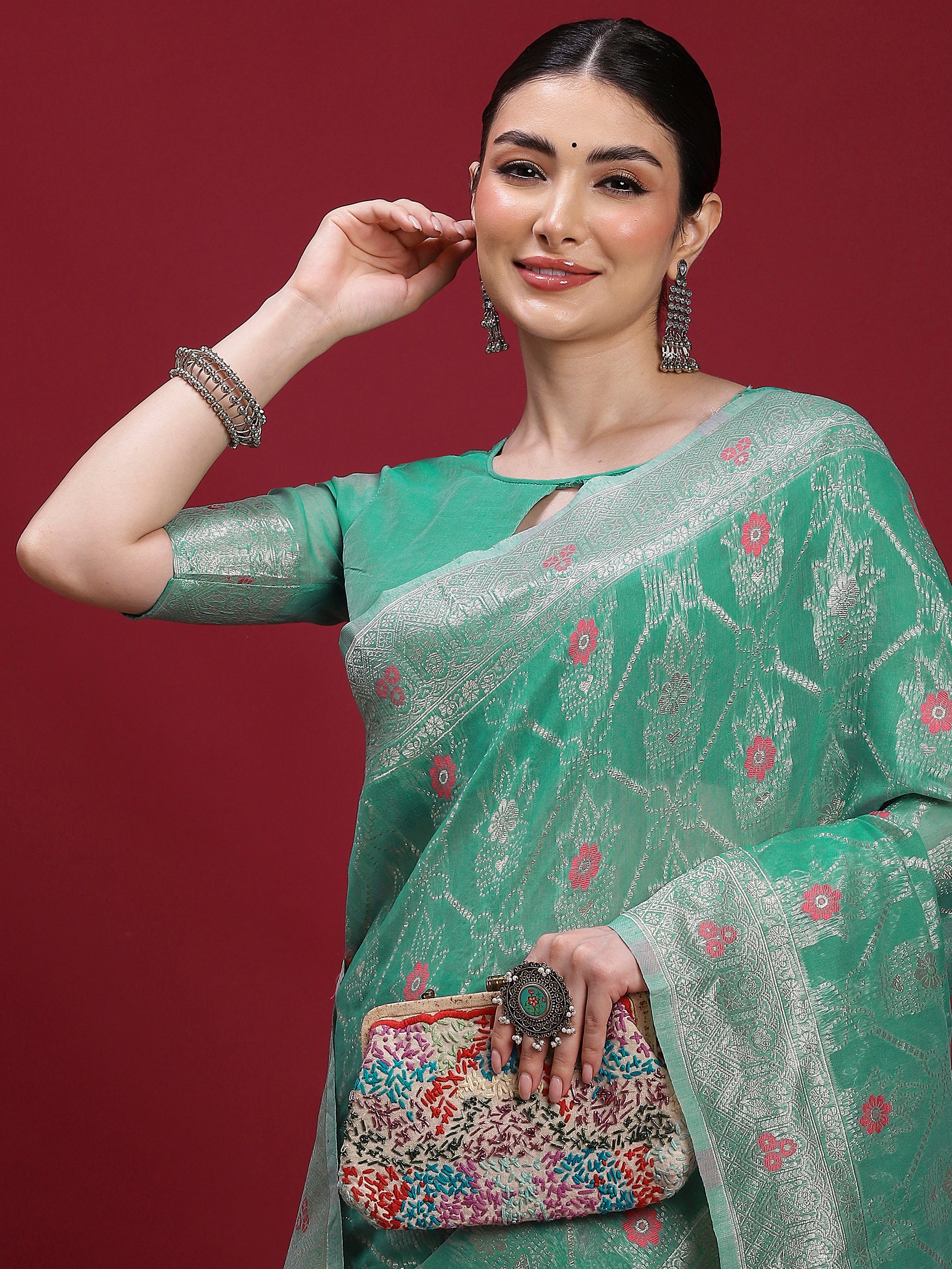 VANAYA Mint Blossom Silver Weave Saree