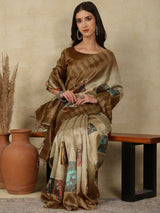 RANG TARANG-Elegant beige-gold saree with artistic patchwork-inspired printed motifs