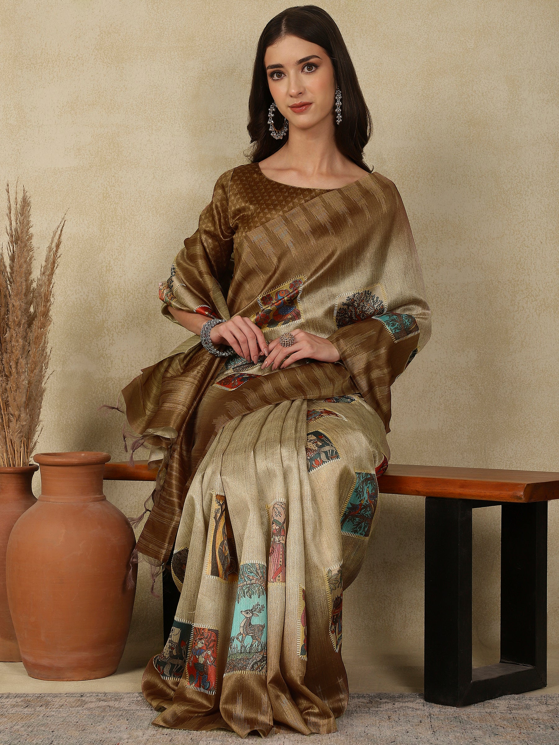 RANG TARANG-Elegant beige-gold saree with artistic patchwork-inspired printed motifs