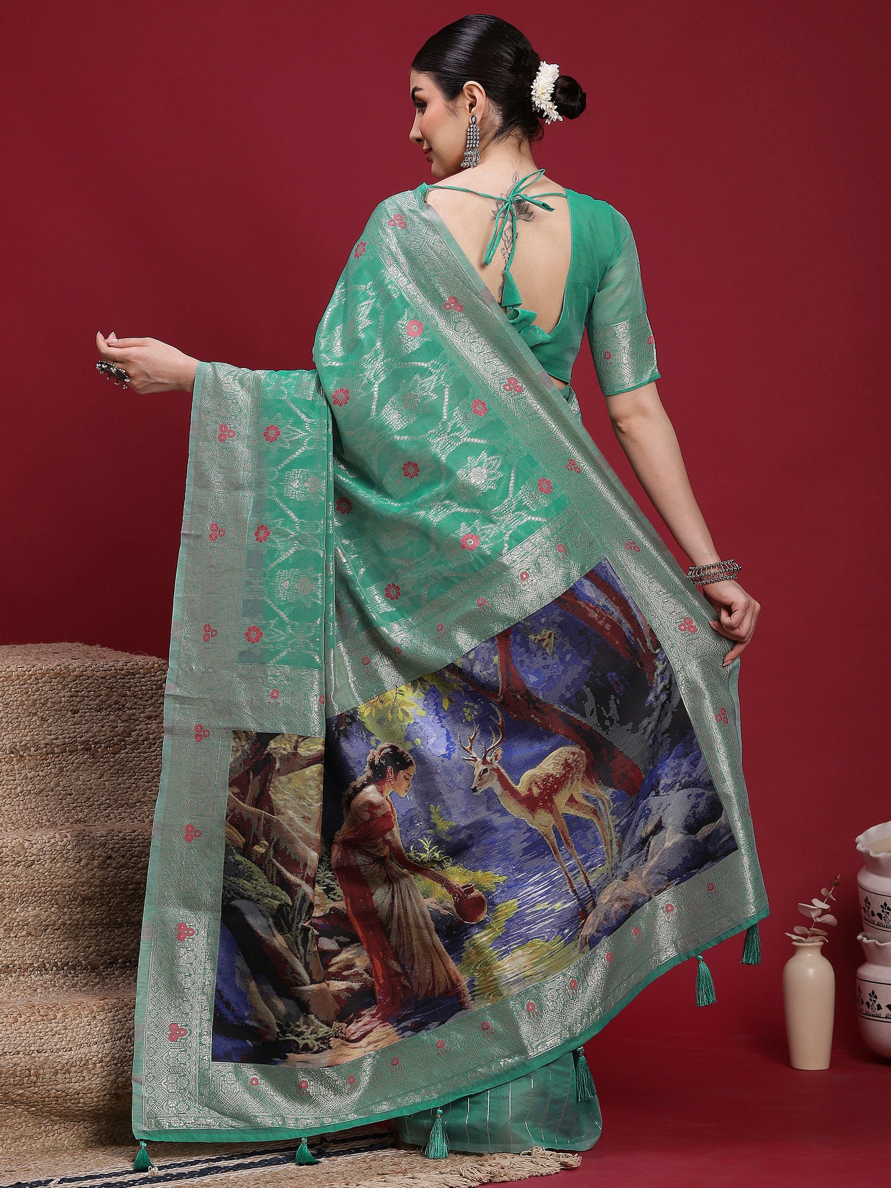 VANAYA Mint Blossom Silver Weave Saree