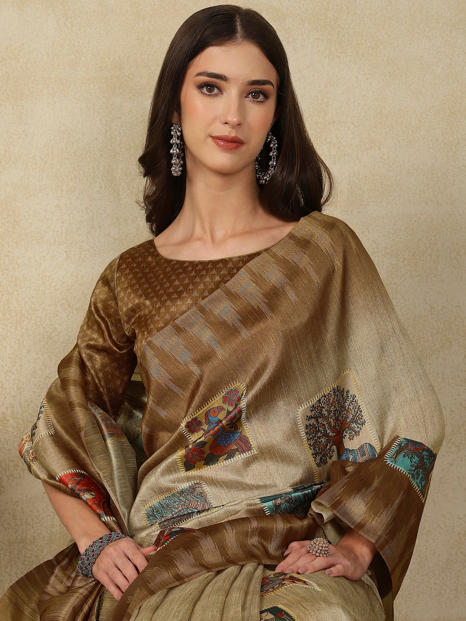 RANG TARANG-Elegant beige-gold saree with artistic patchwork-inspired printed motifs