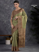 KOZI SILK-Elegant Sage Green Kozi Silk Saree with Copper Zari Geometric Border & Rich Woven Pallu