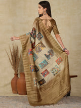 RANG TARANG-Elegant beige-gold saree with artistic patchwork-inspired printed motifs