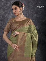 KOZI SILK-Elegant Sage Green Kozi Silk Saree with Copper Zari Geometric Border & Rich Woven Pallu
