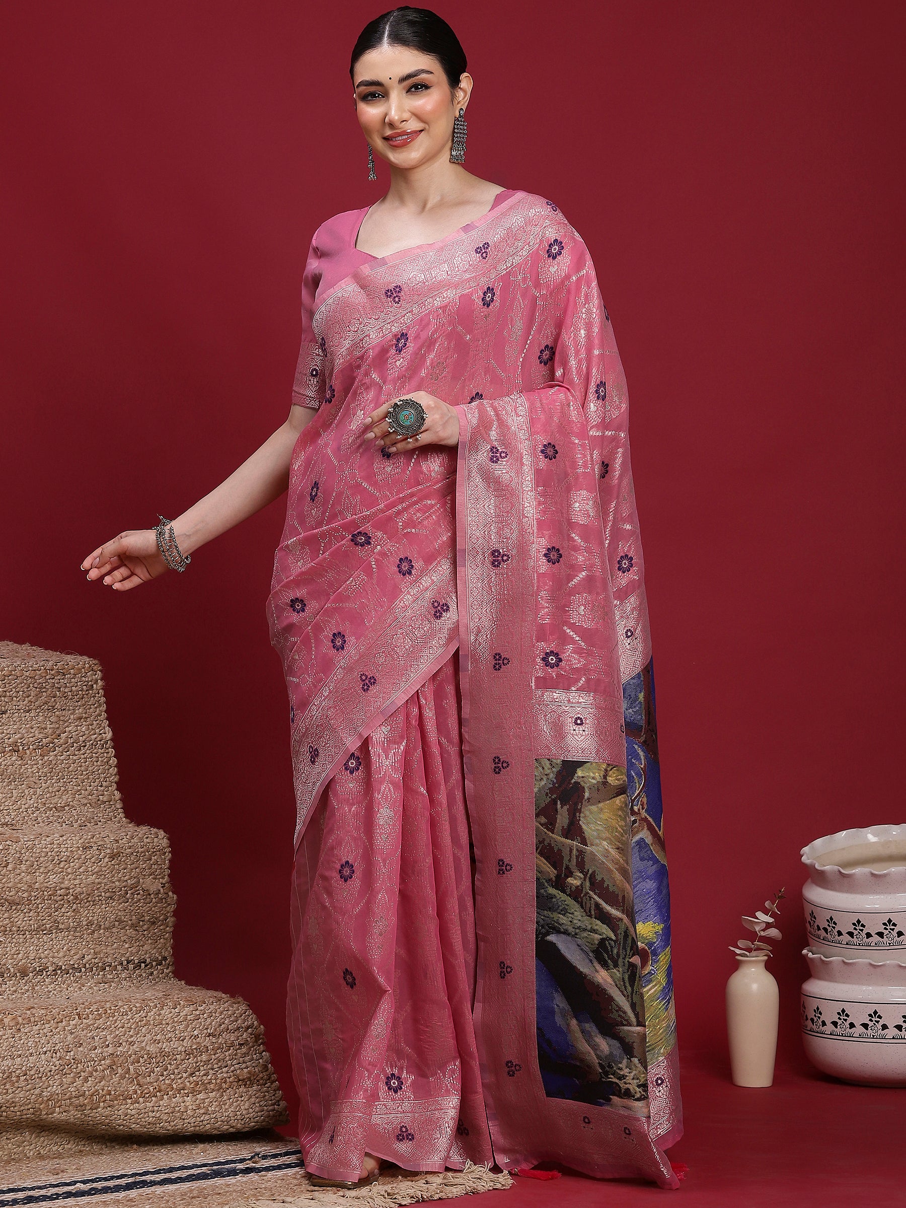 VANAYA Rosy Twilight Floral Weave Saree