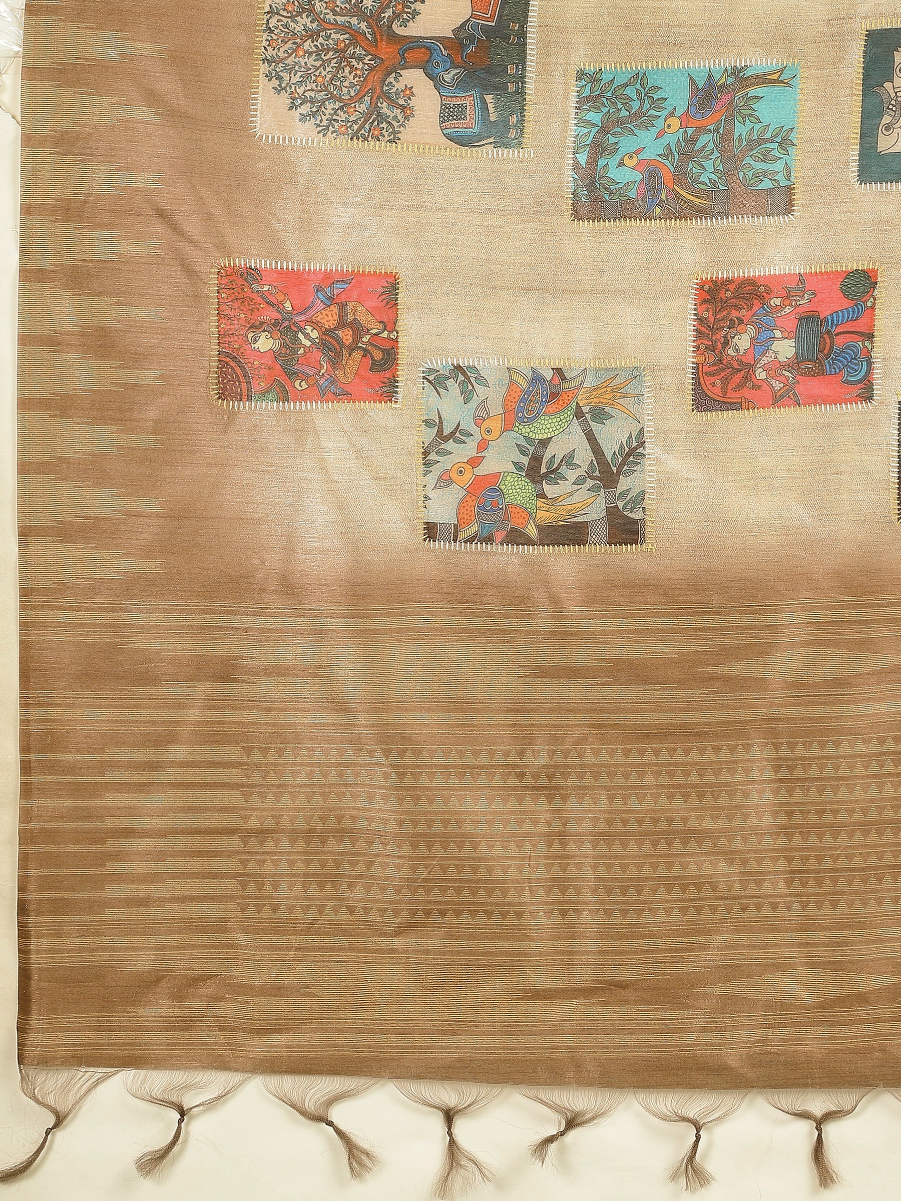 RANG TARANG-Elegant beige-gold saree with artistic patchwork-inspired printed motifs