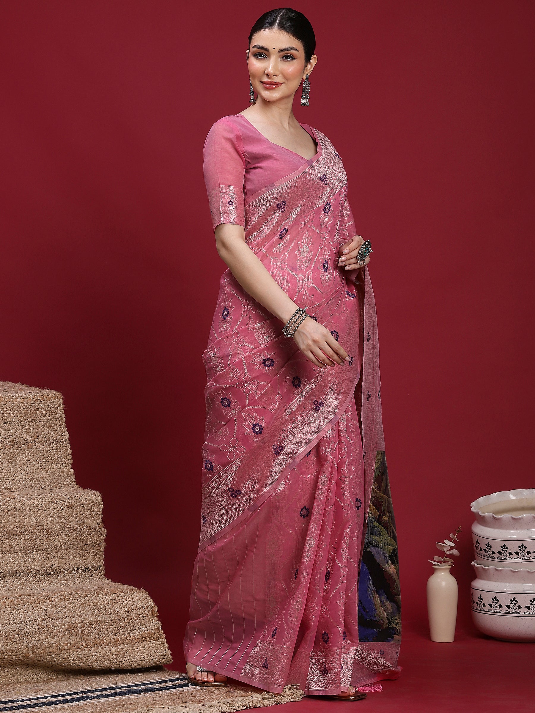 VANAYA Rosy Twilight Floral Weave Saree
