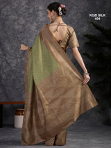 KOZI SILK-Elegant Sage Green Kozi Silk Saree with Copper Zari Geometric Border & Rich Woven Pallu