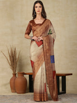 RANG TARANG-Rustic Beige Linen Saree with Antique Copper Border & Ethnic Patchwork Design