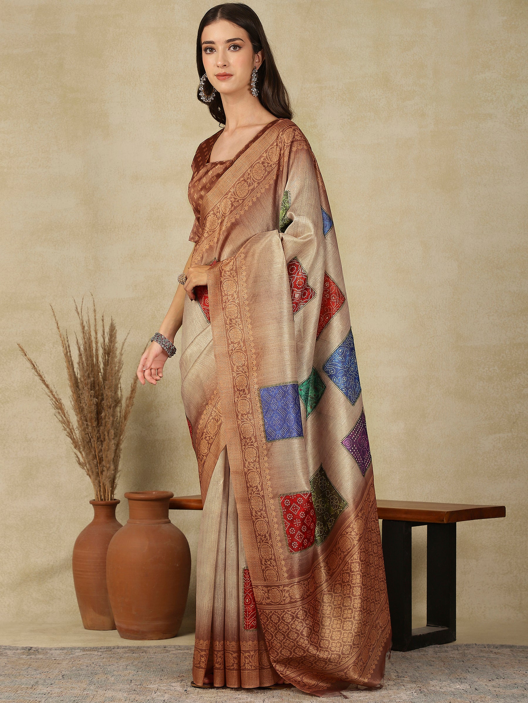 RANG TARANG-Rustic Beige Linen Saree with Antique Copper Border & Ethnic Patchwork Design